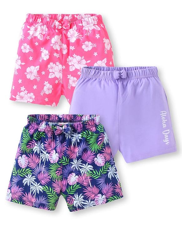 Babyhug Cotton Single Jersey Knit Mid Thigh Shorts Floral & Leafy Print Pack of 2 - Pink Navy & Purple