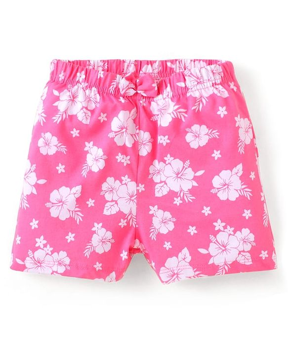 Babyhug Cotton Single Jersey Knit Mid Thigh Shorts Floral & Leafy Print Pack of 3 - Pink Navy & Purple
