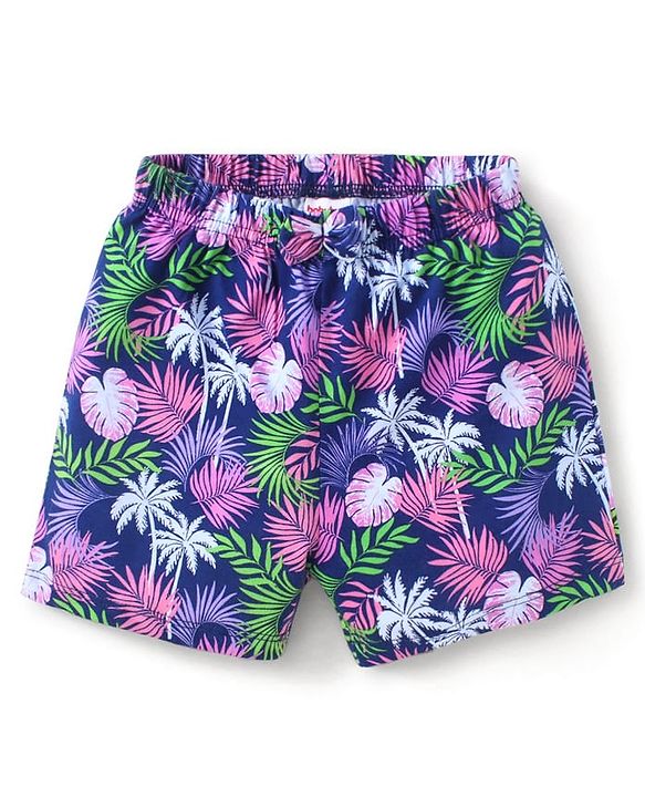 Babyhug Cotton Single Jersey Knit Mid Thigh Shorts Floral & Leafy Print Pack of 3 - Pink Navy & Purple