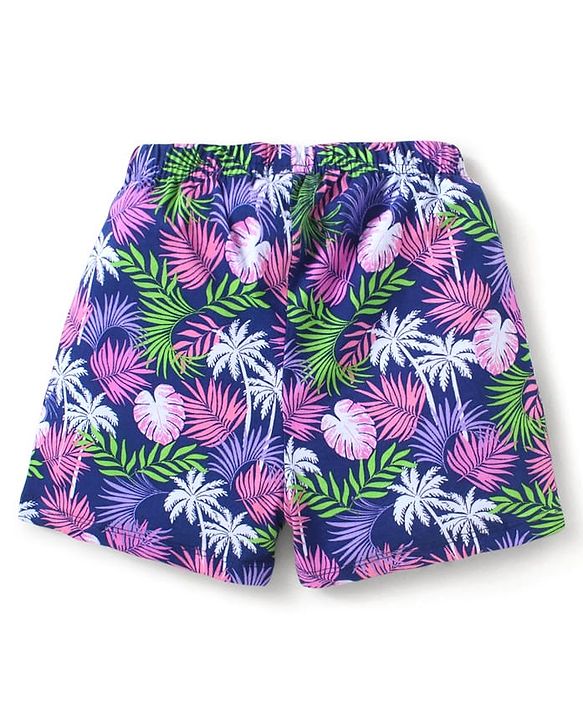 Babyhug Cotton Single Jersey Knit Mid Thigh Shorts Floral & Leafy Print Pack of 3 - Pink Navy & Purple