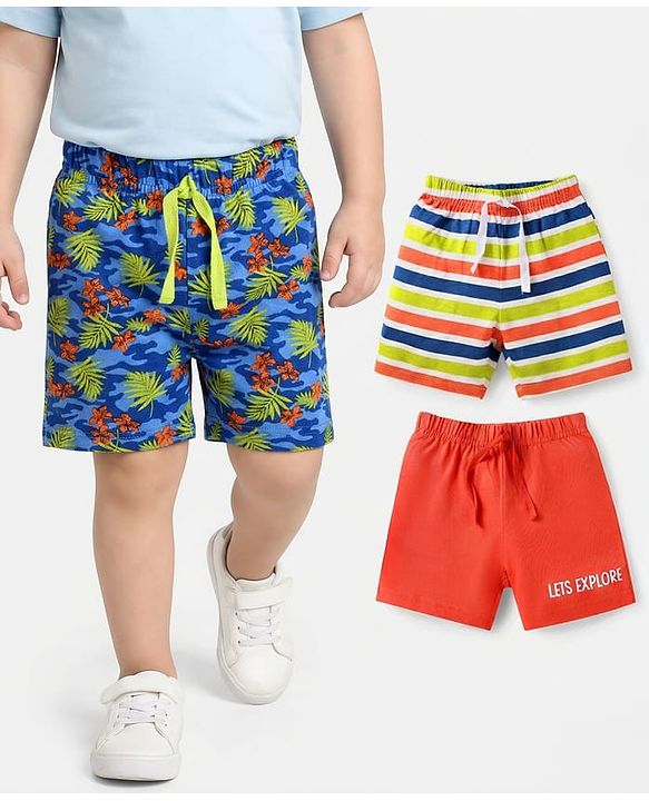 Babyhug Cotton Knit Mid Thigh Length Shorts with Tropical Theme Print & Stripes Pack of 3 - Red Blue & Light Green