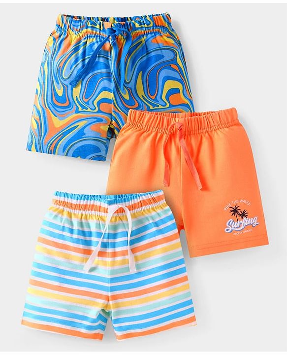 Babyhug Cotton Knit Mid Thigh Length Shorts with Beach Theme Print & Stripes Pack of 3 - Orange & Blue