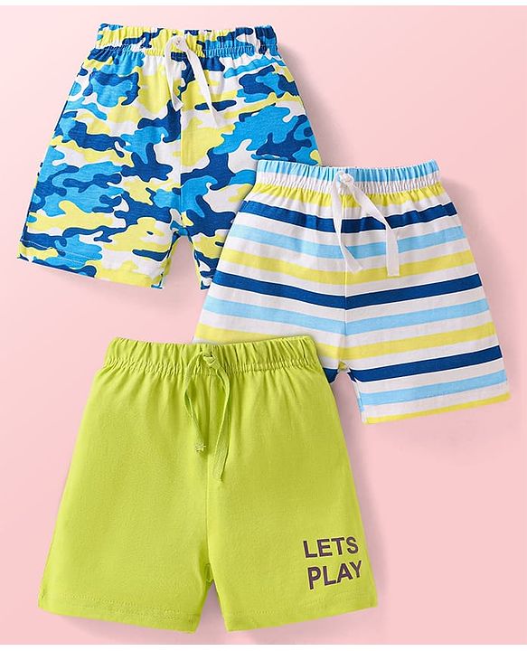 Babyhug Single Jersey Knit Mid Thigh Shorts with Stripes Camouflage & Text Print Pack of 3 - Blue White & Light Green