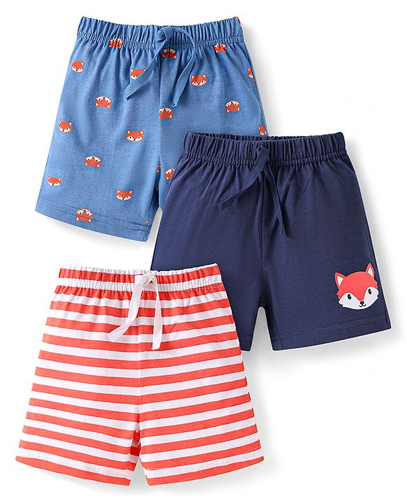 Babyhug Cotton Knit Mid Thigh Shorts with Fox Print & Stripes Pack of 3 - Red Light & Navy Blue