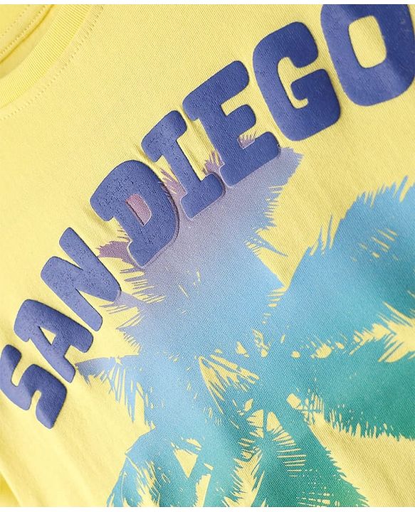 Pine Kids Cotton Knit Half Sleeves T-Shirt with Text Print - Yellow