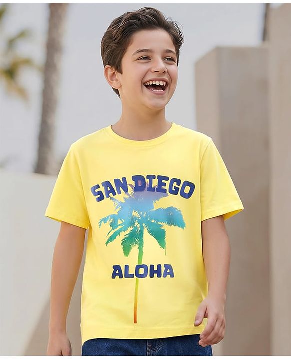 Pine Kids Cotton Knit Half Sleeves T-Shirt with Text Print - Yellow