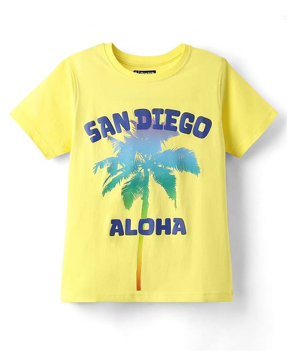 Pine Kids Cotton Knit Half Sleeves T-Shirt with Text Print - Yellow
