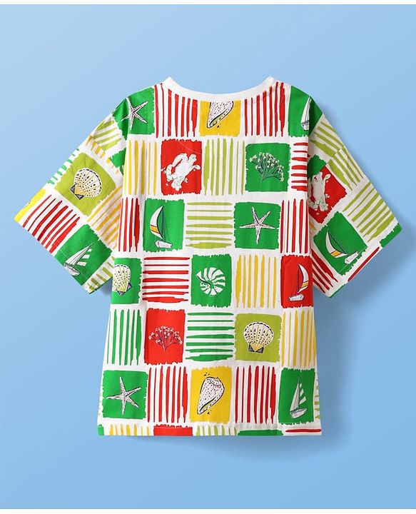 Pine Kids Cotton Knit Half Sleeves T-Shirt with Nautical Theme Print - Green
