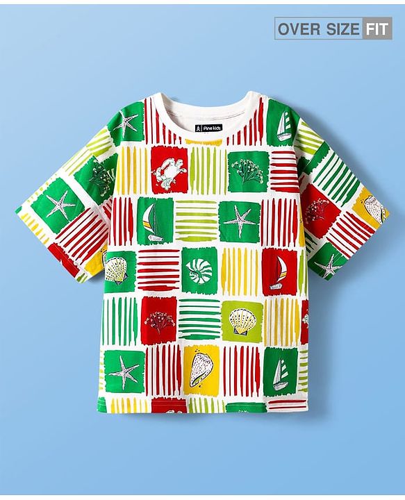 Pine Kids Cotton Knit Half Sleeves T-Shirt with Nautical Theme Print - Green