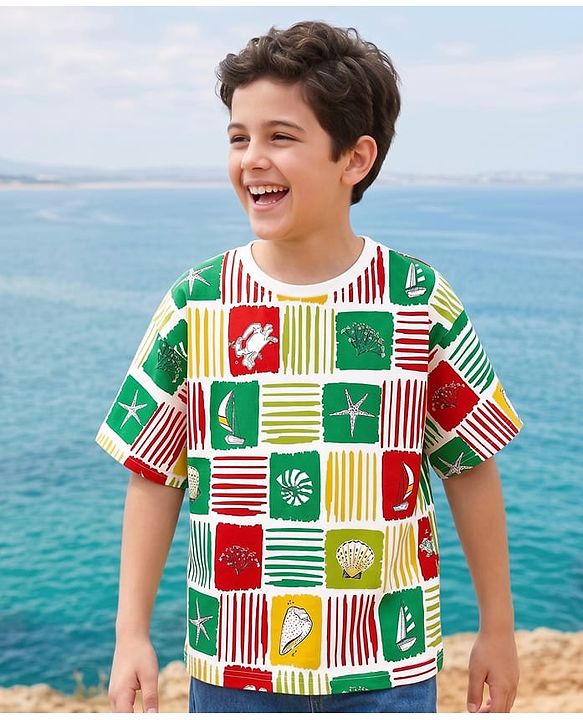 Pine Kids Cotton Knit Half Sleeves T-Shirt with Nautical Theme Print - Green