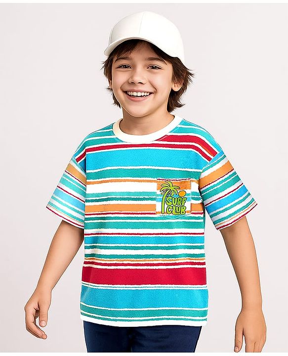 Pine Kids Cotton Knit Half Sleeves Striped T-Shirt with Beach Theme Print - Light Blue