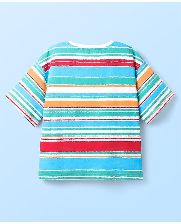 Pine Kids Cotton Knit Half Sleeves Striped T-Shirt with Beach Theme Print - Light Blue