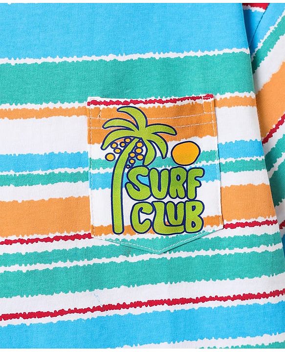Pine Kids Cotton Knit Half Sleeves Striped T-Shirt with Beach Theme Print - Light Blue