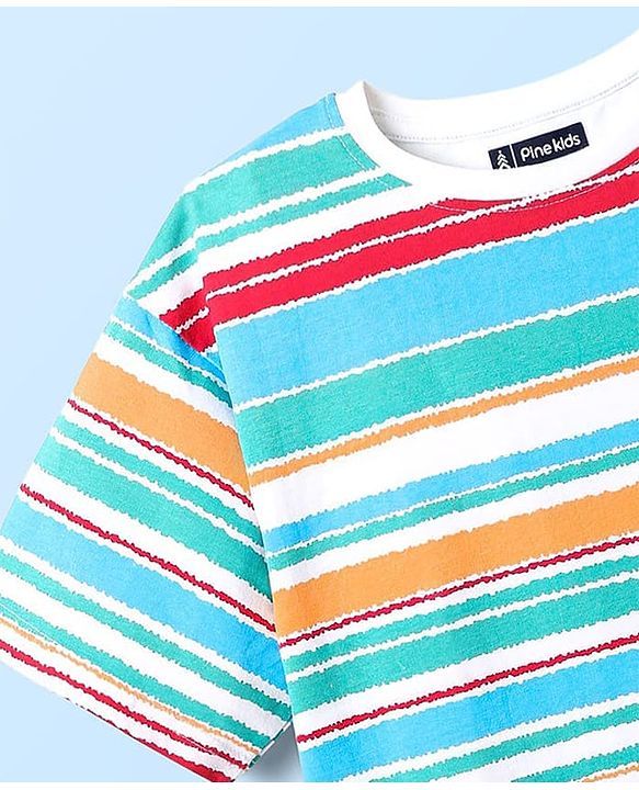 Pine Kids Cotton Knit Half Sleeves Striped T-Shirt with Beach Theme Print - Light Blue