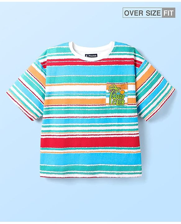 Pine Kids Cotton Knit Half Sleeves Striped T-Shirt with Beach Theme Print - Light Blue