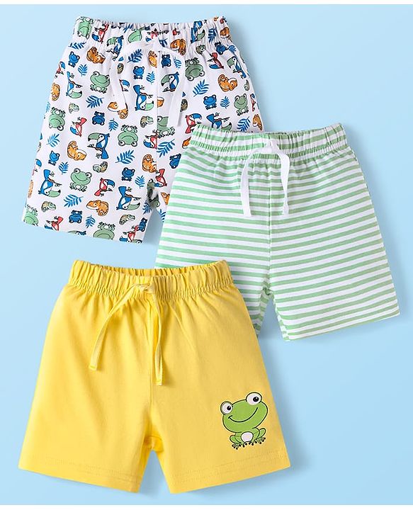 Babyhug Cotton Knit Mid Thigh Length Shorts with Stripes & Frog Print Pack of 3 - White & Yellow