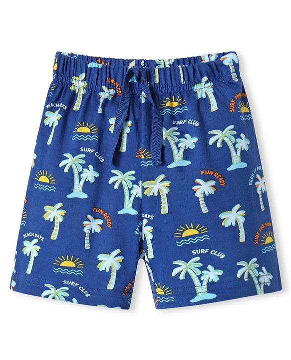 Babyhug Cotton Knit Mid Thigh Length Shorts with Beach Theme Print - Blue