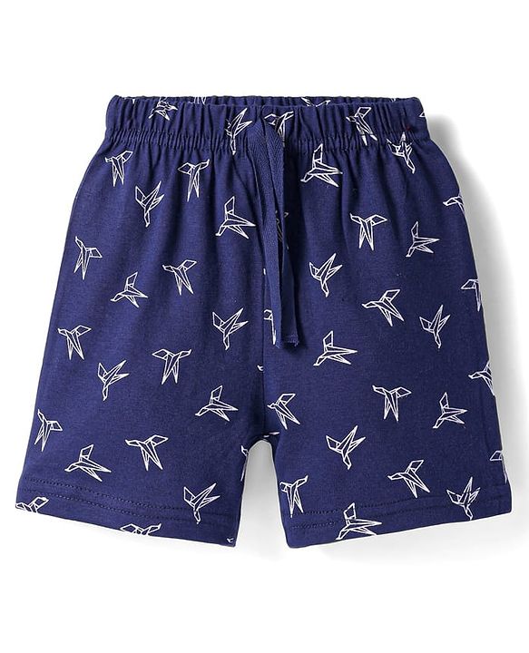 Babyhug Cotton Knit Mid Thigh Shorts with Paper Bird Print - Navy Blue