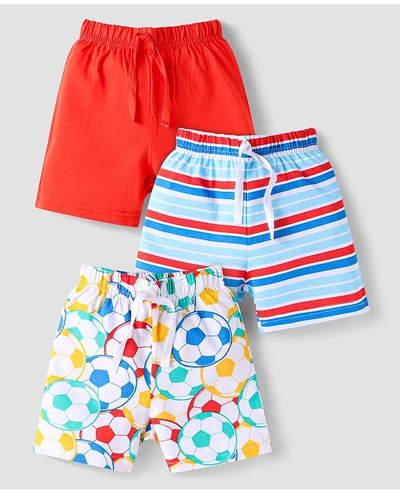 Babyhug Single Jersey Shorts with Stripes & Football Print Pack of 3- Red & Blue