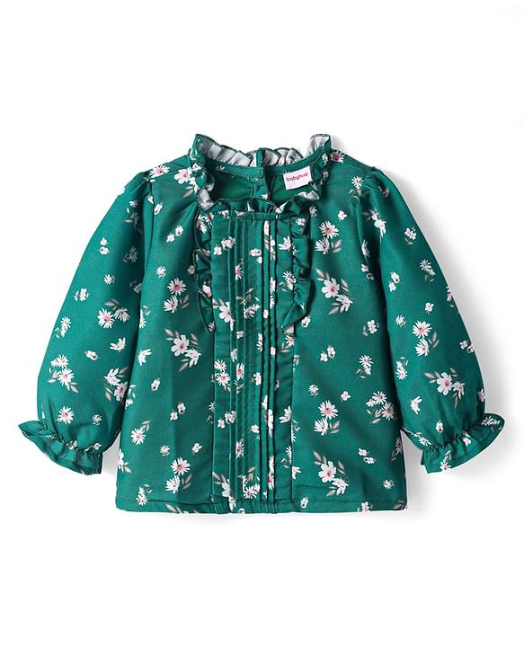 Babyhug Woven Full Sleeves Floral Printed Top with Frill Detailing - Green