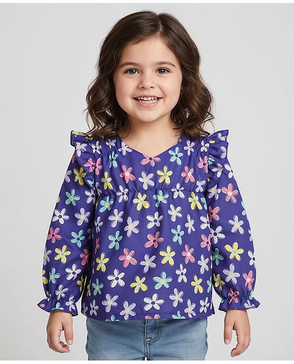 Babyhug Woven Full Peasant Sleeves Top With Floral Print & Frill Detailing - Blue