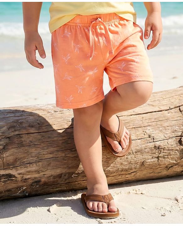 Babyhug Cotton Knit Mid Thigh Length Shorts with Paper Bird Print - Orange