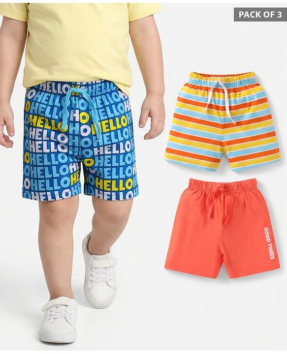 Babyhug Cotton Single Jersey Knit Mid Thigh Shorts with Text Print & Stripes Pack of 3 - Orange Yellow & Blue
