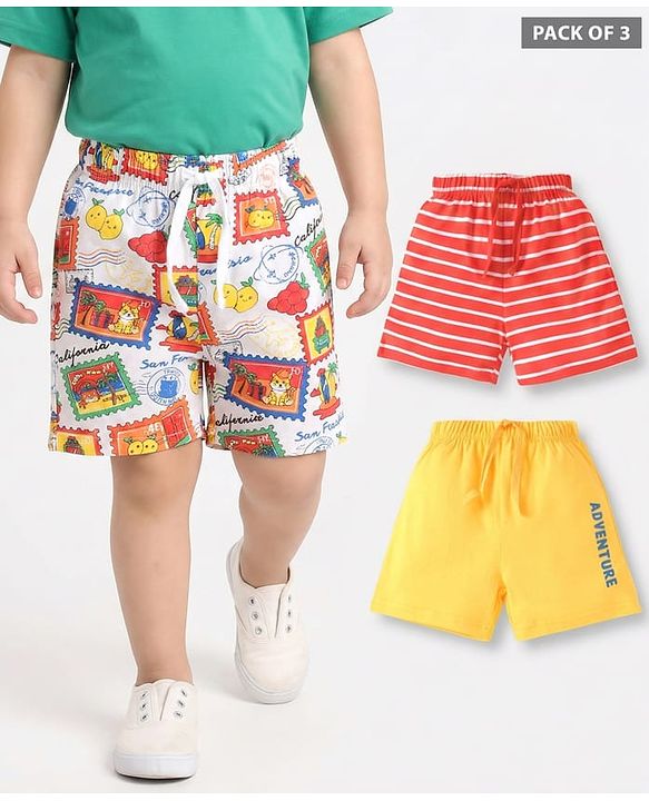 Babyhug Cotton Single Jersey Knit Mid Thigh Striped Shorts with Text & Adventure Theme Print Pack of 3 - Yellow White & Red