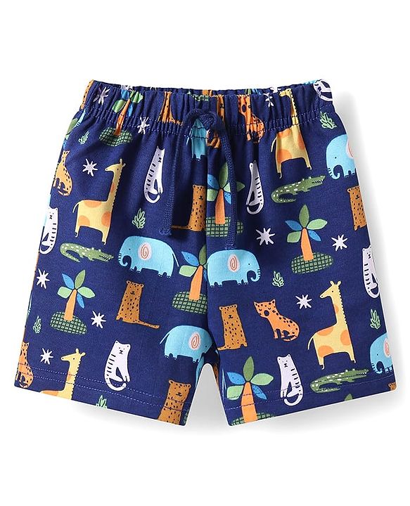 Babyhug Terry Knit Mid Thigh Shorts With Animal Print - Navy Blue