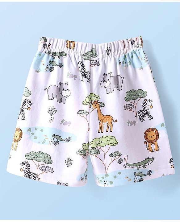 Babyhug Terry Knit Mid Thigh Shorts With Animal Print - White