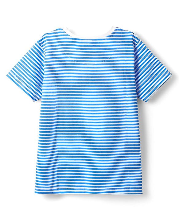Pine Kids Cotton Knit Half Sleeves Shoulder Drop T-Shirt With Stripes & Nautical Theme Print - Blue & White