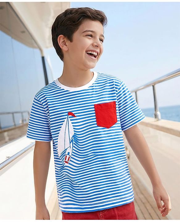 Pine Kids Cotton Knit Half Sleeves Shoulder Drop T-Shirt With Stripes & Nautical Theme Print - Blue & White