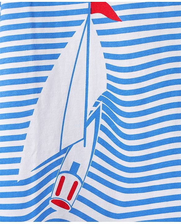 Pine Kids Cotton Knit Half Sleeves Shoulder Drop T-Shirt With Stripes & Nautical Theme Print - Blue & White