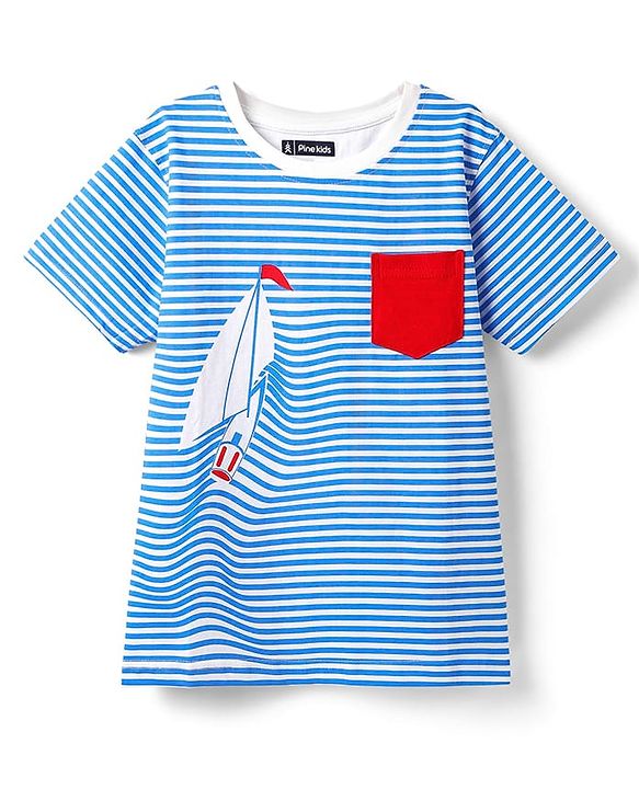 Pine Kids Cotton Knit Half Sleeves Shoulder Drop T-Shirt With Stripes & Nautical Theme Print - Blue & White