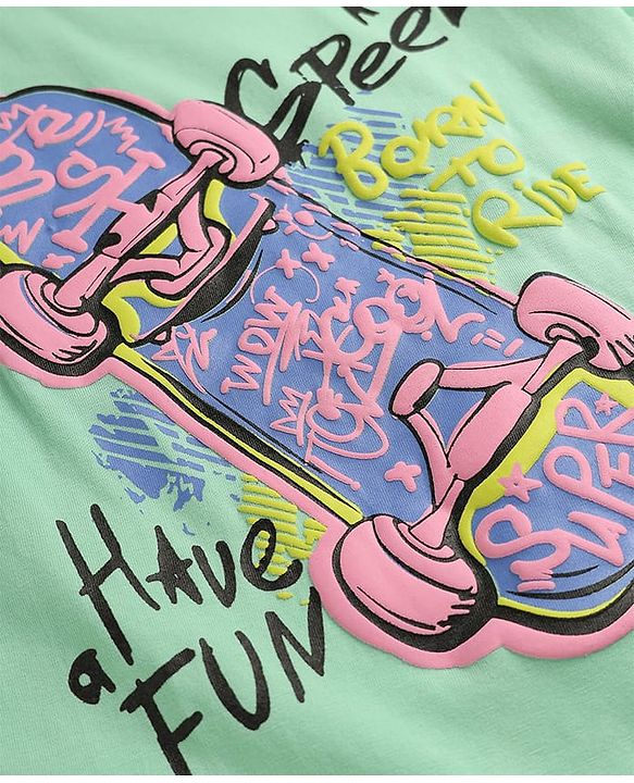 Pine Kids Cotton Knit Half Sleeves T-Shirt With Skate Theme Print - Mint