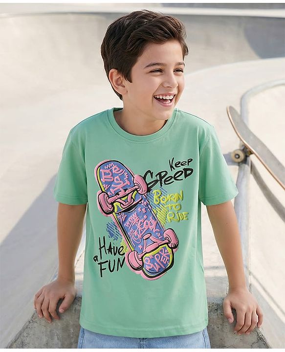 Pine Kids Cotton Knit Half Sleeves T-Shirt With Skate Theme Print - Mint