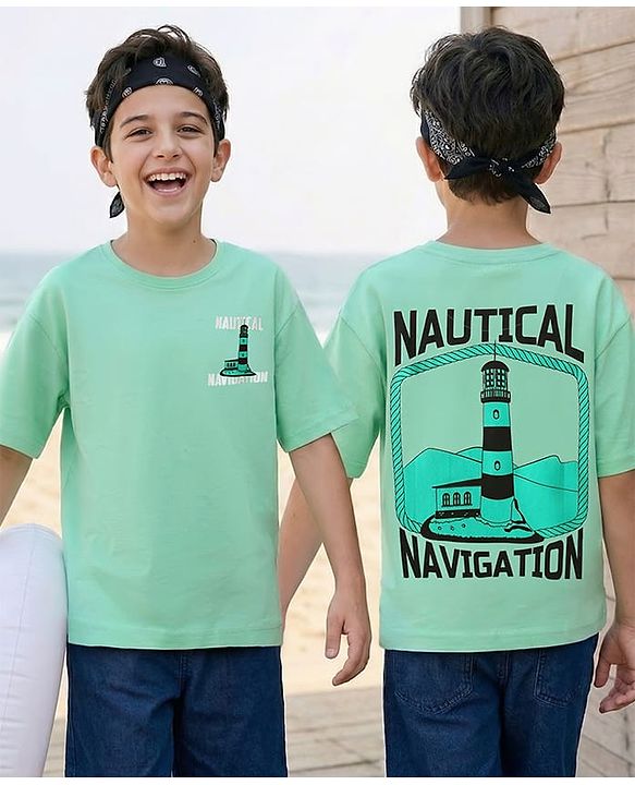 Pine Kids Cotton Knit Half Drop Shoulder Sleeves T-Shirt with Nautical Text Print - Light Green