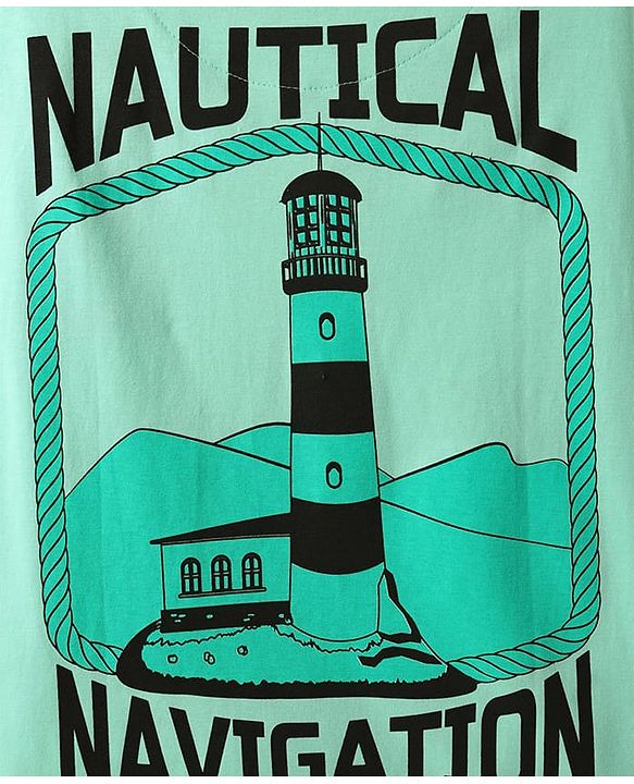 Pine Kids Cotton Knit Half Drop Shoulder Sleeves T-Shirt with Nautical Text Print - Light Green