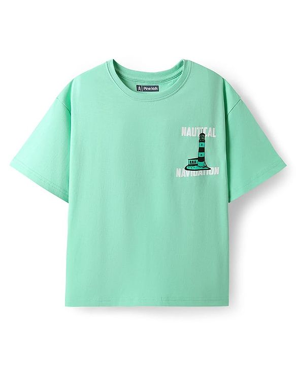 Pine Kids Cotton Knit Half Drop Shoulder Sleeves T-Shirt with Nautical Text Print - Light Green