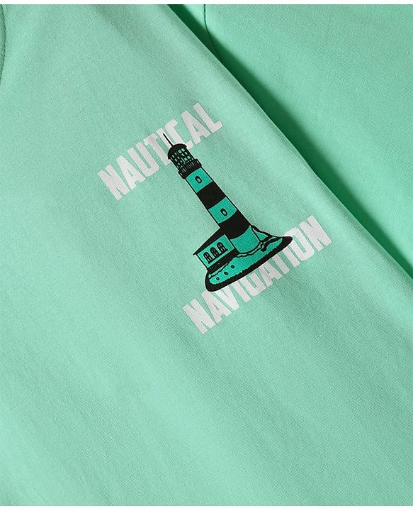 Pine Kids Cotton Knit Half Drop Shoulder Sleeves T-Shirt with Nautical Text Print - Light Green