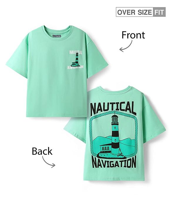 Pine Kids Cotton Knit Half Drop Shoulder Sleeves T-Shirt with Nautical Text Print - Light Green