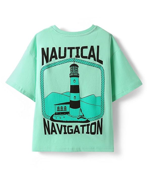 Pine Kids Cotton Knit Half Drop Shoulder Sleeves T-Shirt with Nautical Text Print - Light Green