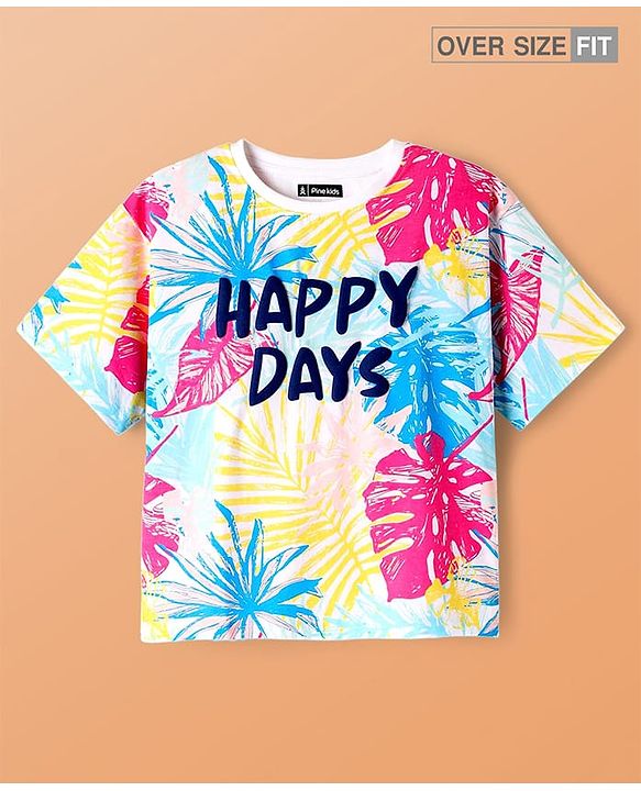 Pine Kids Cotton Knit Half Drop Shoulder Sleeves T-Shirt with Happy Days Text Print - White