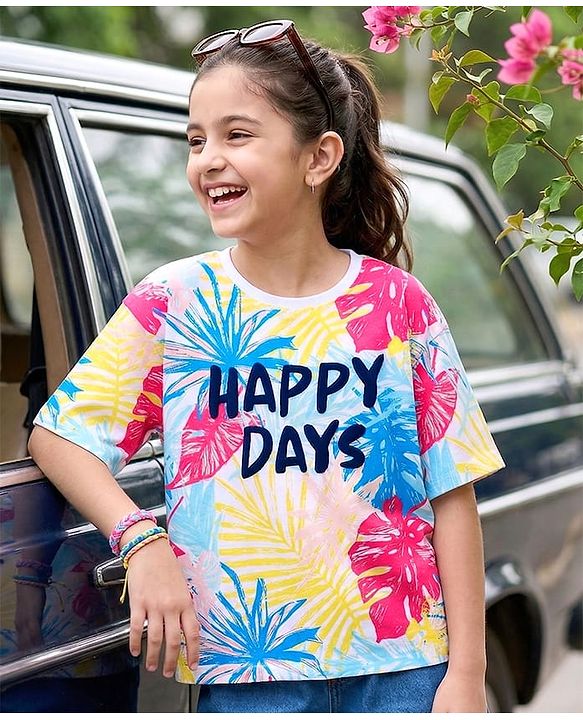 Pine Kids Cotton Knit Half Drop Shoulder Sleeves T-Shirt with Happy Days Text Print - White