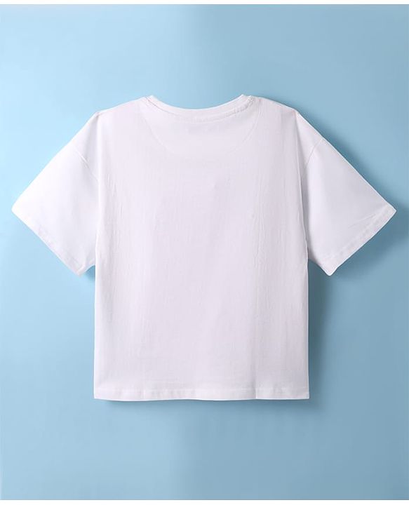 Pine Kids Cotton Knit Half Drop Shoulder Sleeves T-Shirt with Animal & Strong Text Print - White