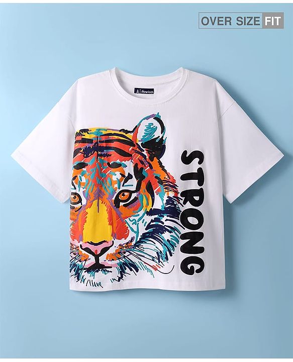 Pine Kids Cotton Knit Half Drop Shoulder Sleeves T-Shirt with Animal & Strong Text Print - White