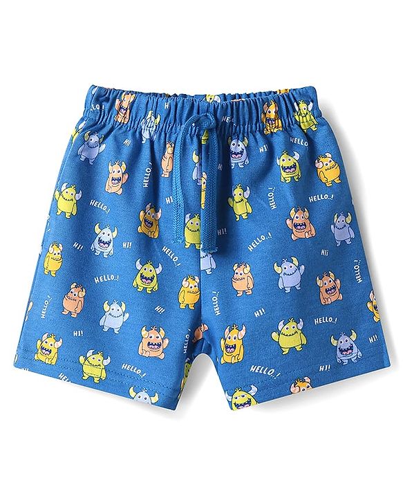 Babyhug Terry Knit Mid Thigh Shorts With Monster Print - Blue
