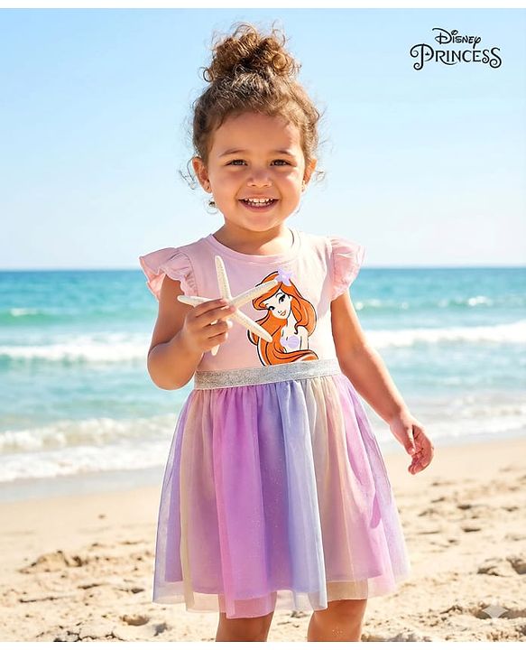 Babyhug Disney  Single Jersey Knit Frill Sleeves Frock with Disney Princess Graphics - Pink