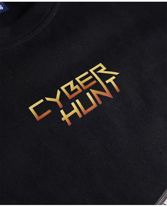 Pine Kids Cotton Knit Half Sleeves T-Shirt With Dino & Cyber Hunt Text Print - Black