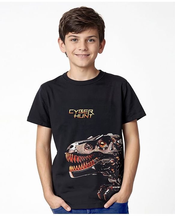 Pine Kids Cotton Knit Half Sleeves T-Shirt With Dino & Cyber Hunt Text Print - Black